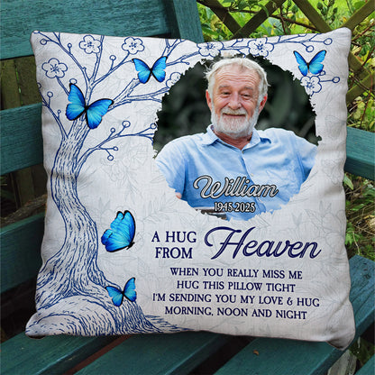 Personalized "Hug This Pillow" memorial gift with custom photo and text.