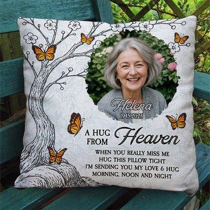 Personalized "Hug This Pillow" memorial gift with custom photo and text.