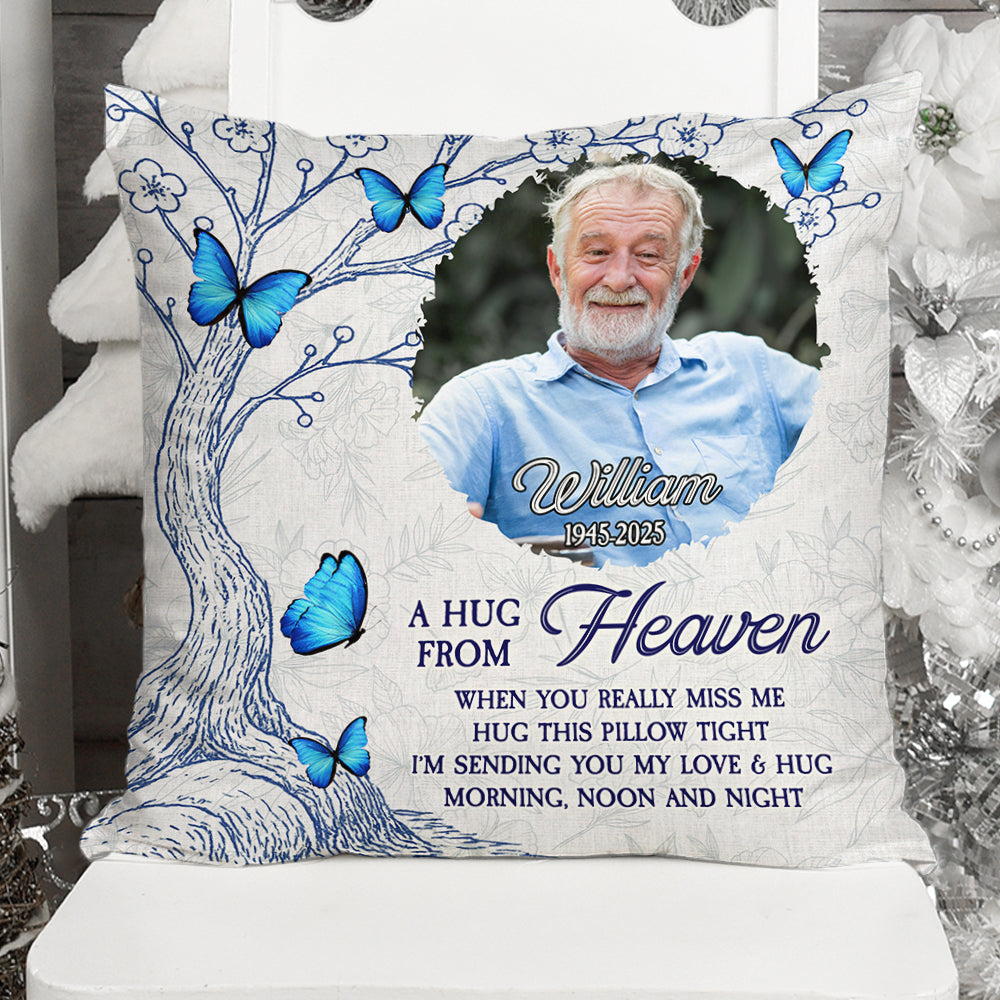 Personalized "Hug This Pillow" memorial gift with custom photo and text.