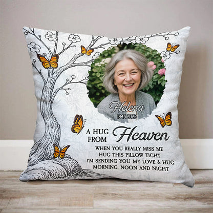 Personalized "Hug This Pillow" memorial gift with custom photo and text.