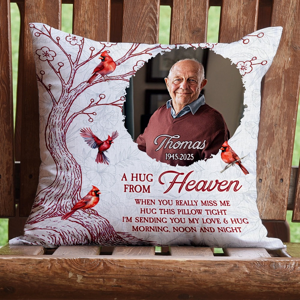 Personalized "Hug This Pillow" memorial gift with custom photo and text.