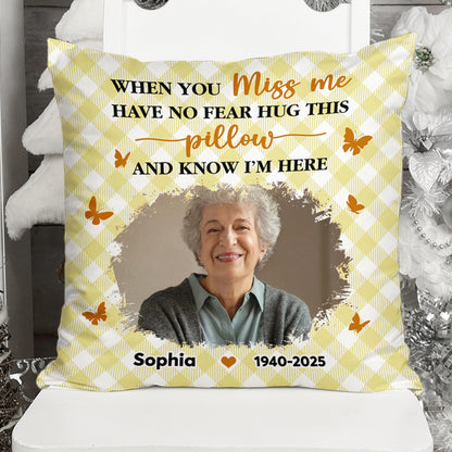 Personalized "Hug This Pillow When You Miss Me" memorial pillow. A comforting sympathy gift for grieving family members.