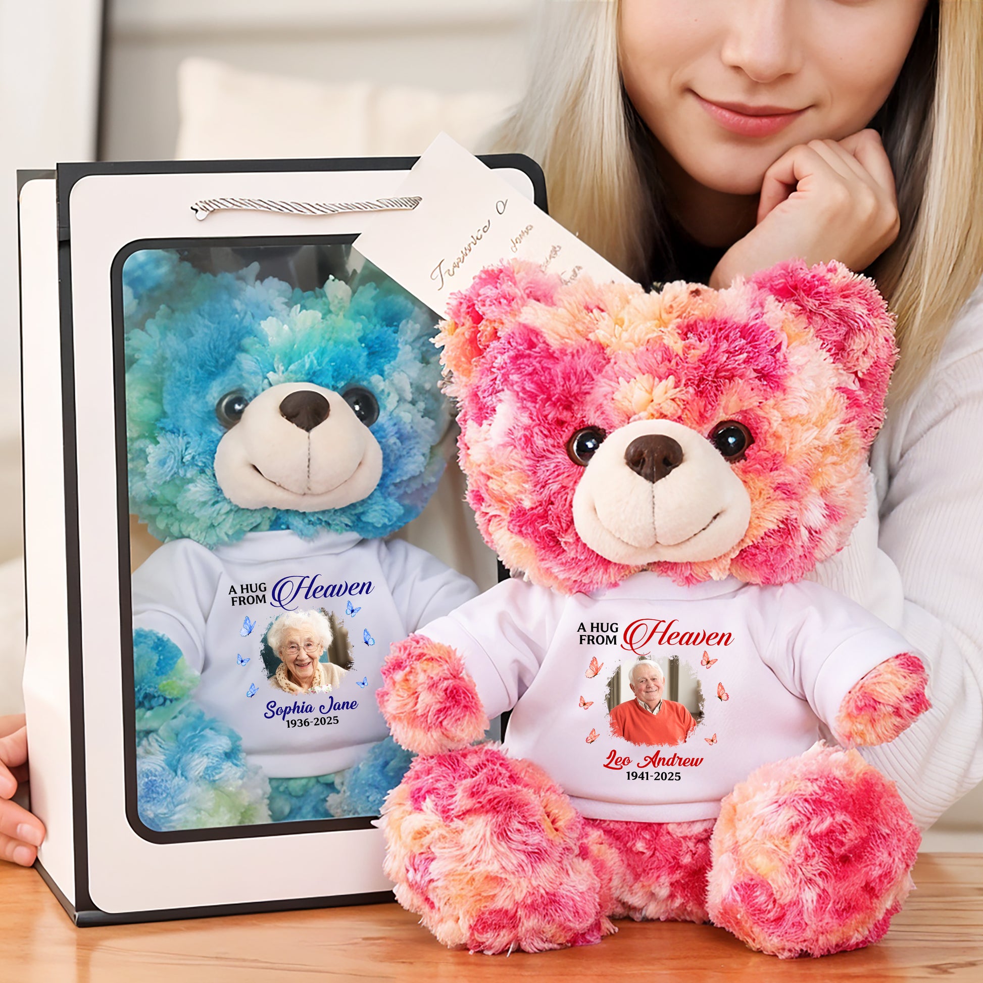Personalized memorial teddy bear with "Hug This When You Miss Me" message.