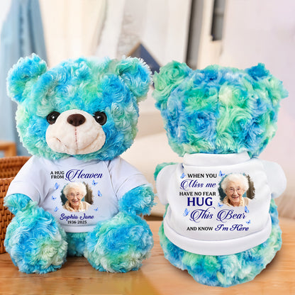 Personalized memorial teddy bear with "Hug This When You Miss Me" message.