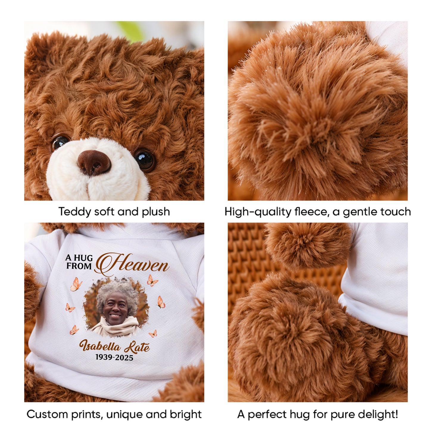Personalized memorial teddy bear with "Hug This When You Miss Me" message.