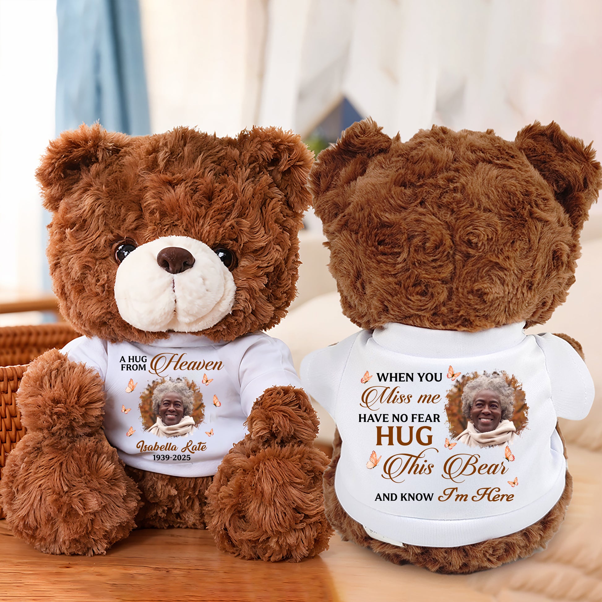 Personalized memorial teddy bear with "Hug This When You Miss Me" message.