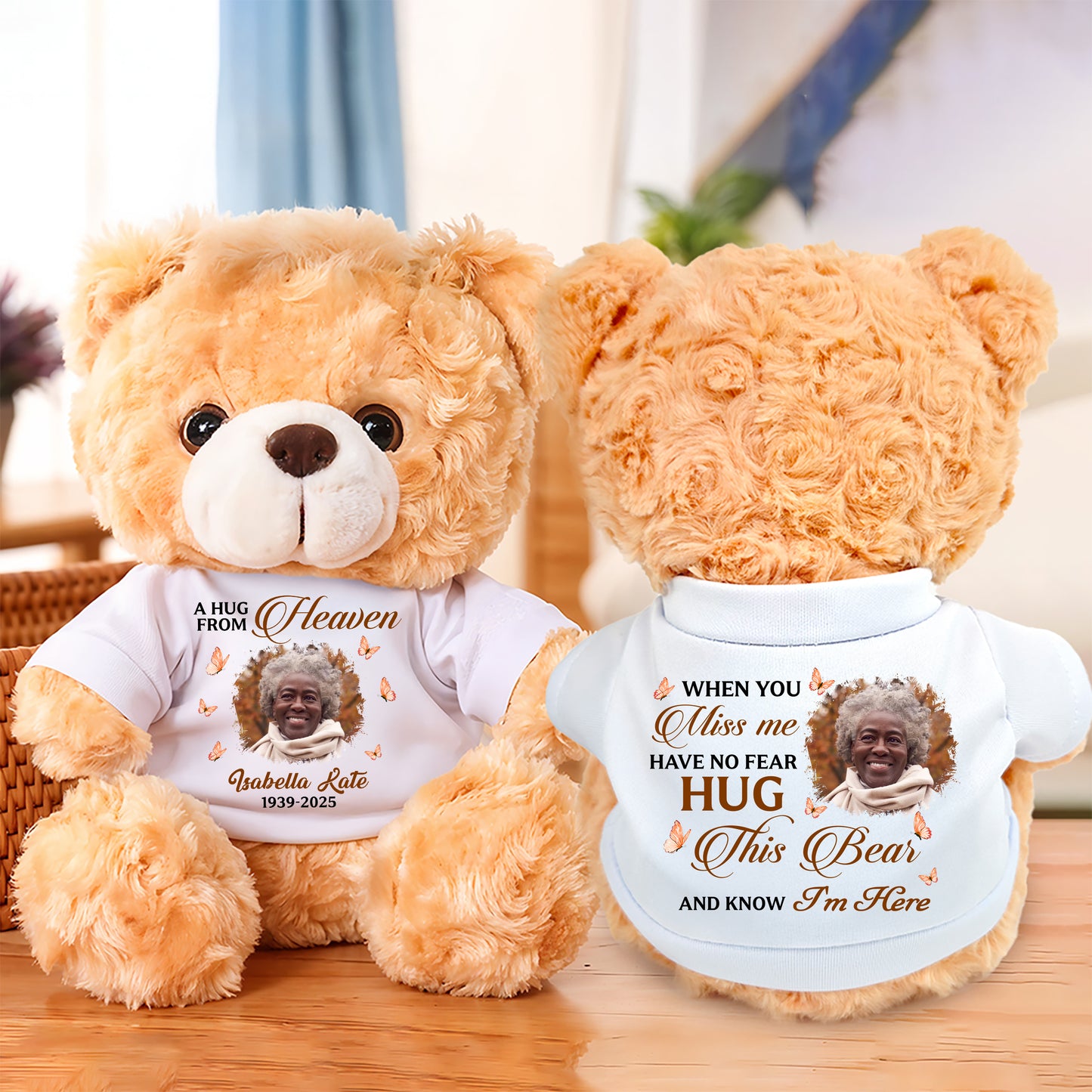 Personalized memorial teddy bear with "Hug This When You Miss Me" message.