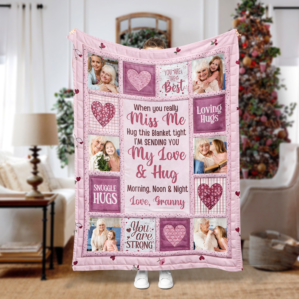 Personalized "Hug This When You Miss Me" memorial blanket, a thoughtful sympathy gift.