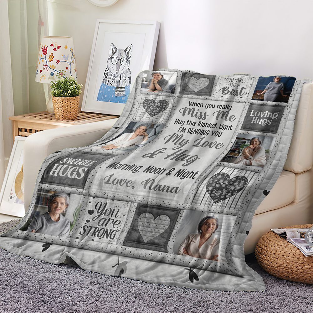 Personalized "Hug This When You Miss Me" memorial blanket, a thoughtful sympathy gift.