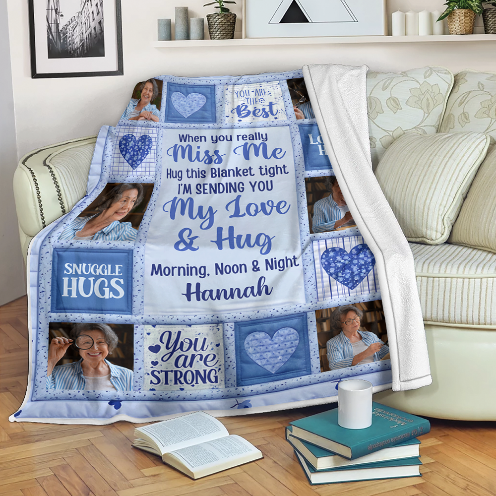 Personalized "Hug This When You Miss Me" memorial blanket, a thoughtful sympathy gift.