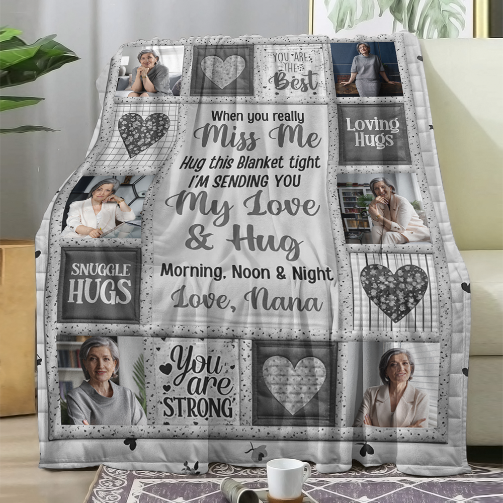 Personalized "Hug This When You Miss Me" memorial blanket, a thoughtful sympathy gift.