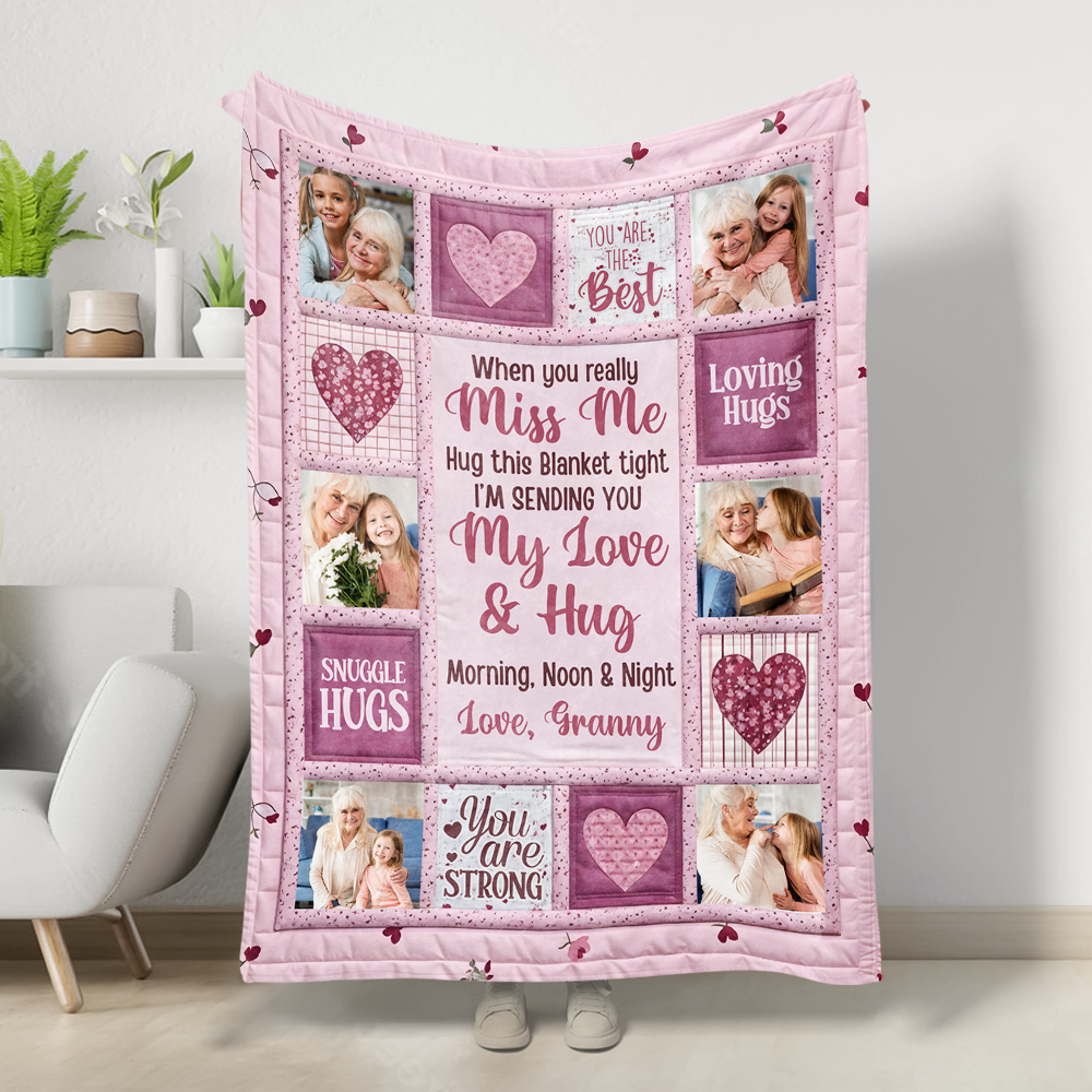 Personalized "Hug This When You Miss Me" memorial blanket, a thoughtful sympathy gift.