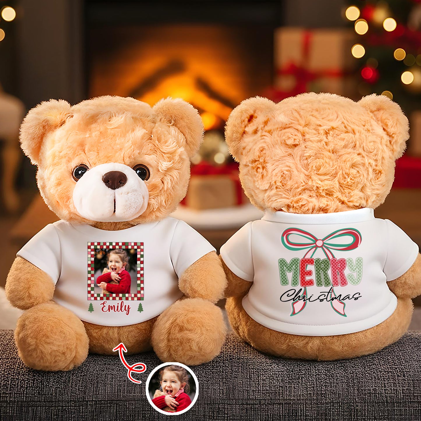 Personalized memorial teddy bear with "Hug You Merry Christmas" message and custom name.