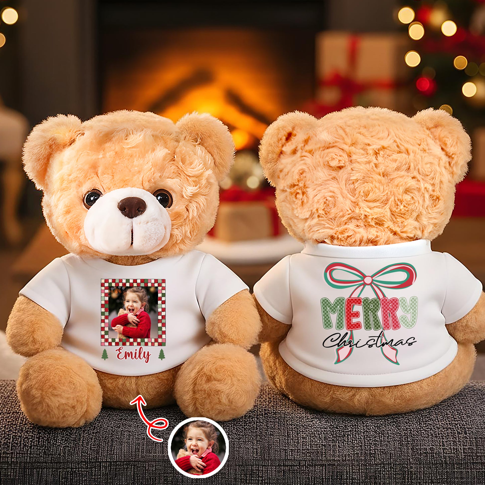 Personalized memorial teddy bear with "Hug You Merry Christmas" message and custom name.