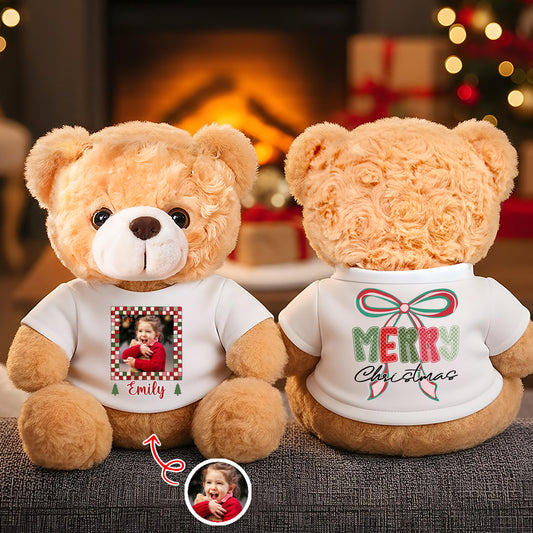 Personalized memorial teddy bear with "Hug You Merry Christmas" message and custom name.