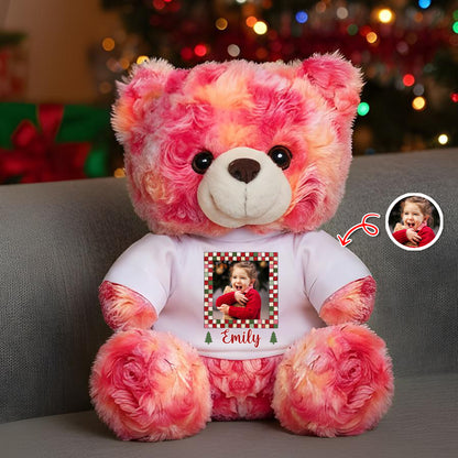 Personalized memorial teddy bear with "Hug You Merry Christmas" message and custom name.