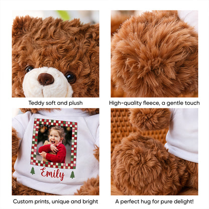 Personalized memorial teddy bear with "Hug You Merry Christmas" message and custom name.