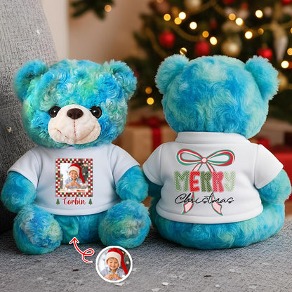 Personalized memorial teddy bear with "Hug You Merry Christmas" message and custom name.