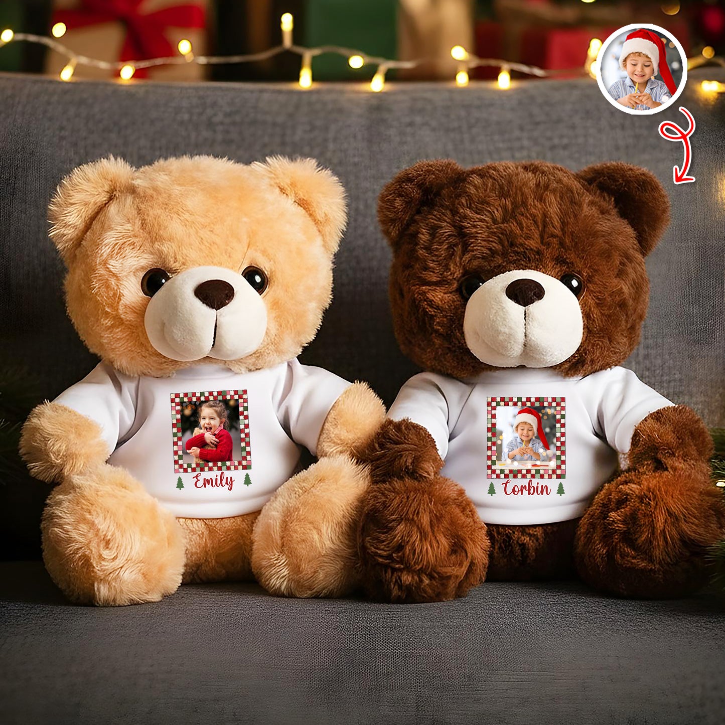 Personalized memorial teddy bear with "Hug You Merry Christmas" message and custom name.