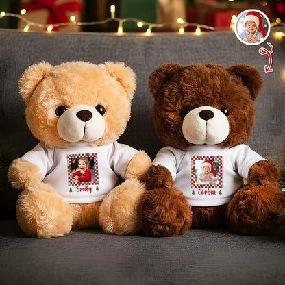 Personalized memorial teddy bear with "Hug You Merry Christmas" message and custom name.