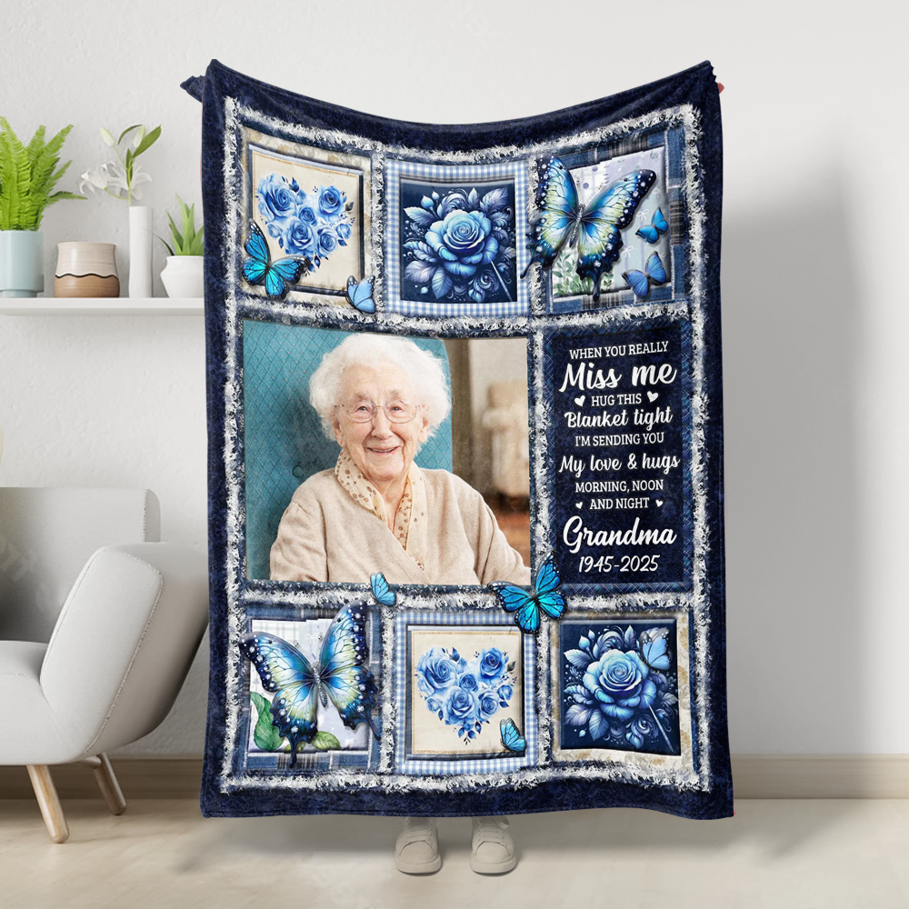 Hugs From Heaven blue memorial blanket, a personalized sympathy gift.