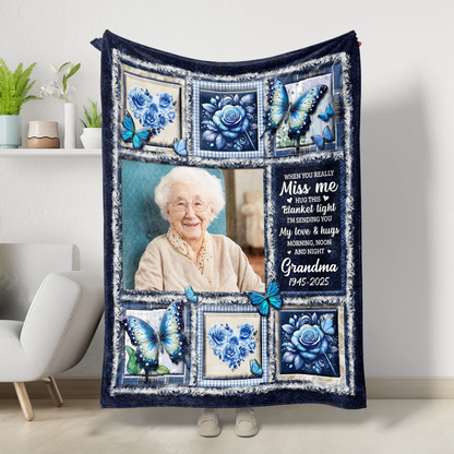 Hugs From Heaven blue memorial blanket, a personalized sympathy gift.