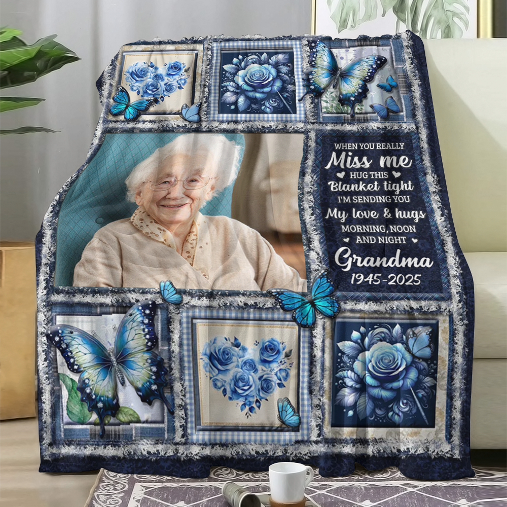 Hugs From Heaven blue memorial blanket, a personalized sympathy gift.