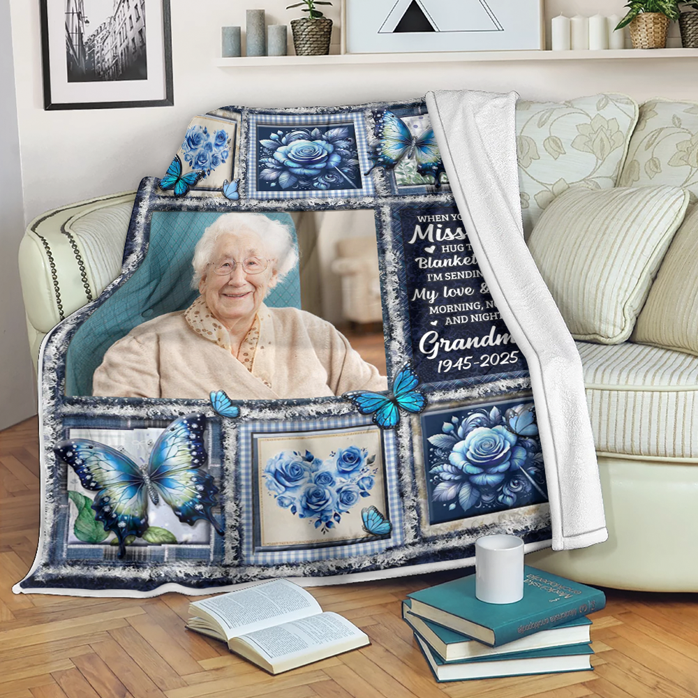 Hugs From Heaven blue memorial blanket, a personalized sympathy gift.