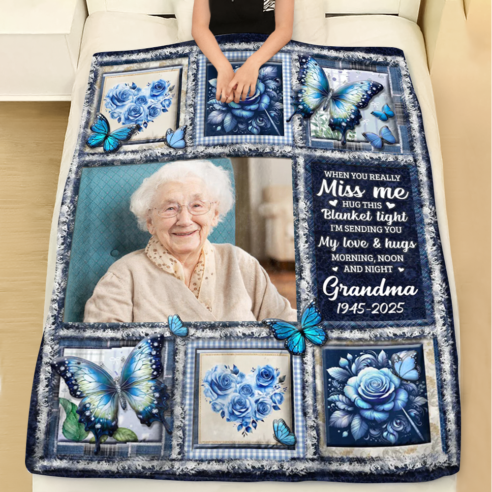 Hugs From Heaven blue memorial blanket, a personalized sympathy gift.