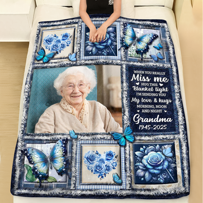 Hugs From Heaven blue memorial blanket, a personalized sympathy gift.