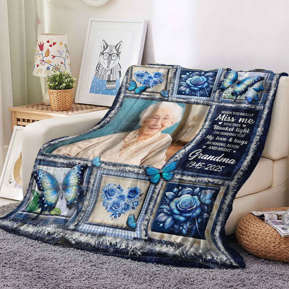 Hugs From Heaven blue memorial blanket, a personalized sympathy gift.