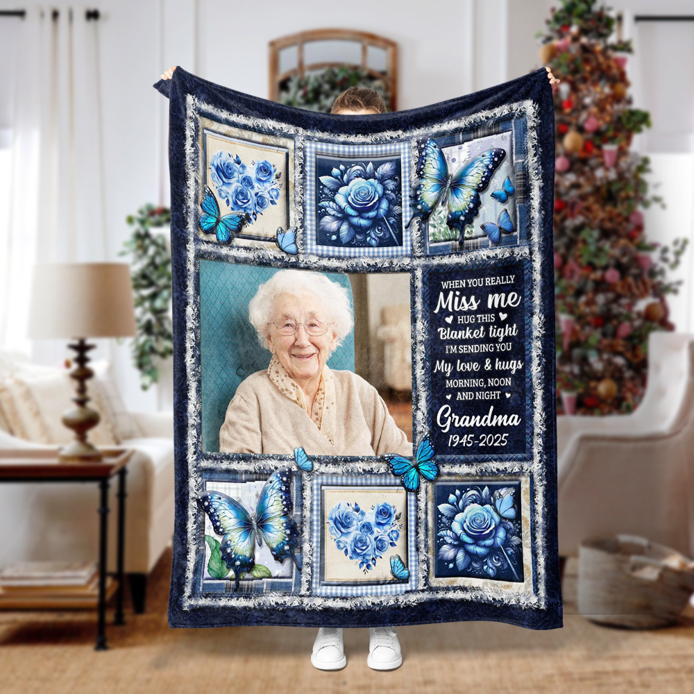 Hugs From Heaven blue memorial blanket, a personalized sympathy gift.