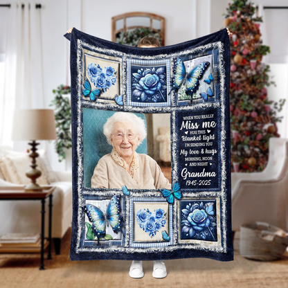 Hugs From Heaven blue memorial blanket, a personalized sympathy gift.