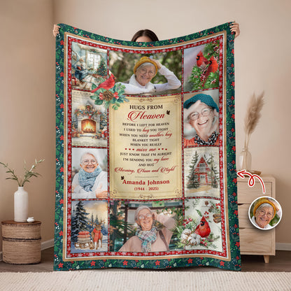 Hugs From Heaven Cardinals Memorial Blanket - Personalized sympathy gift with vibrant red birds and festive Christmas vibe.