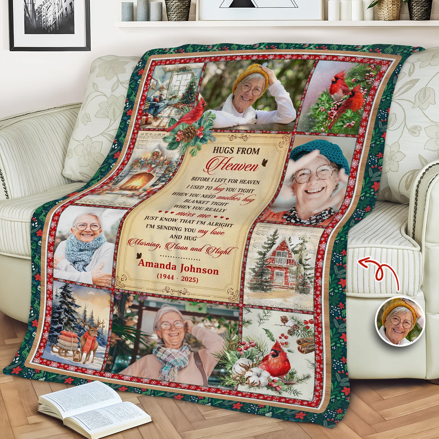 Hugs From Heaven Cardinals Memorial Blanket - Personalized sympathy gift with vibrant red birds and festive Christmas vibe.