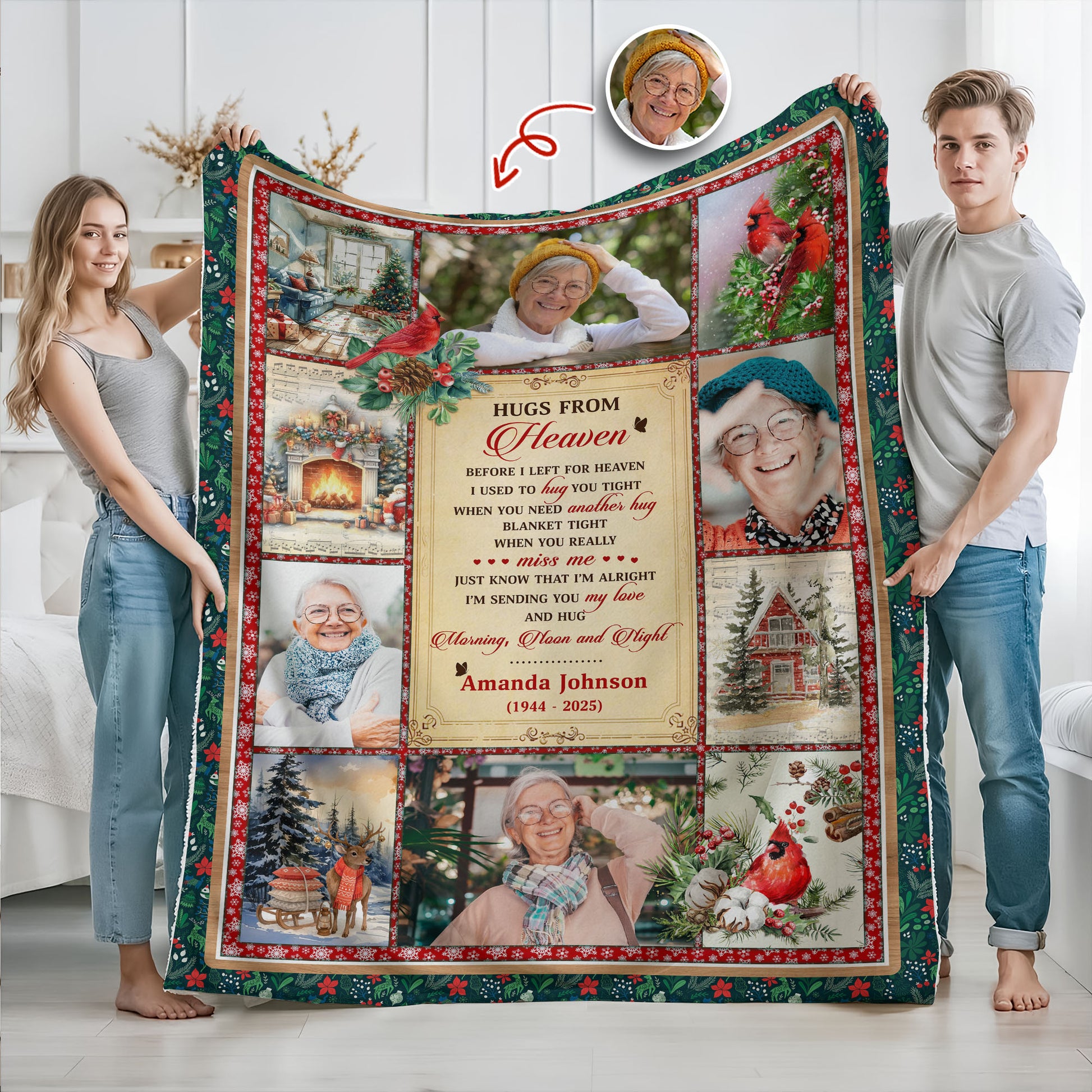 Hugs From Heaven Cardinals Memorial Blanket - Personalized sympathy gift with vibrant red birds and festive Christmas vibe.