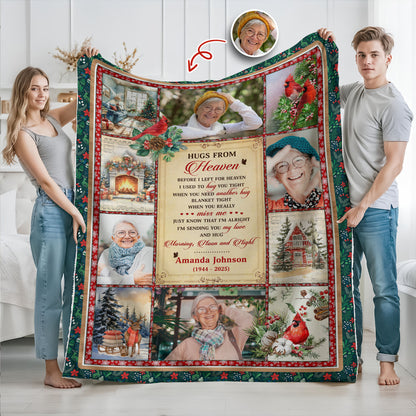 Hugs From Heaven Cardinals Memorial Blanket - Personalized sympathy gift with vibrant red birds and festive Christmas vibe.