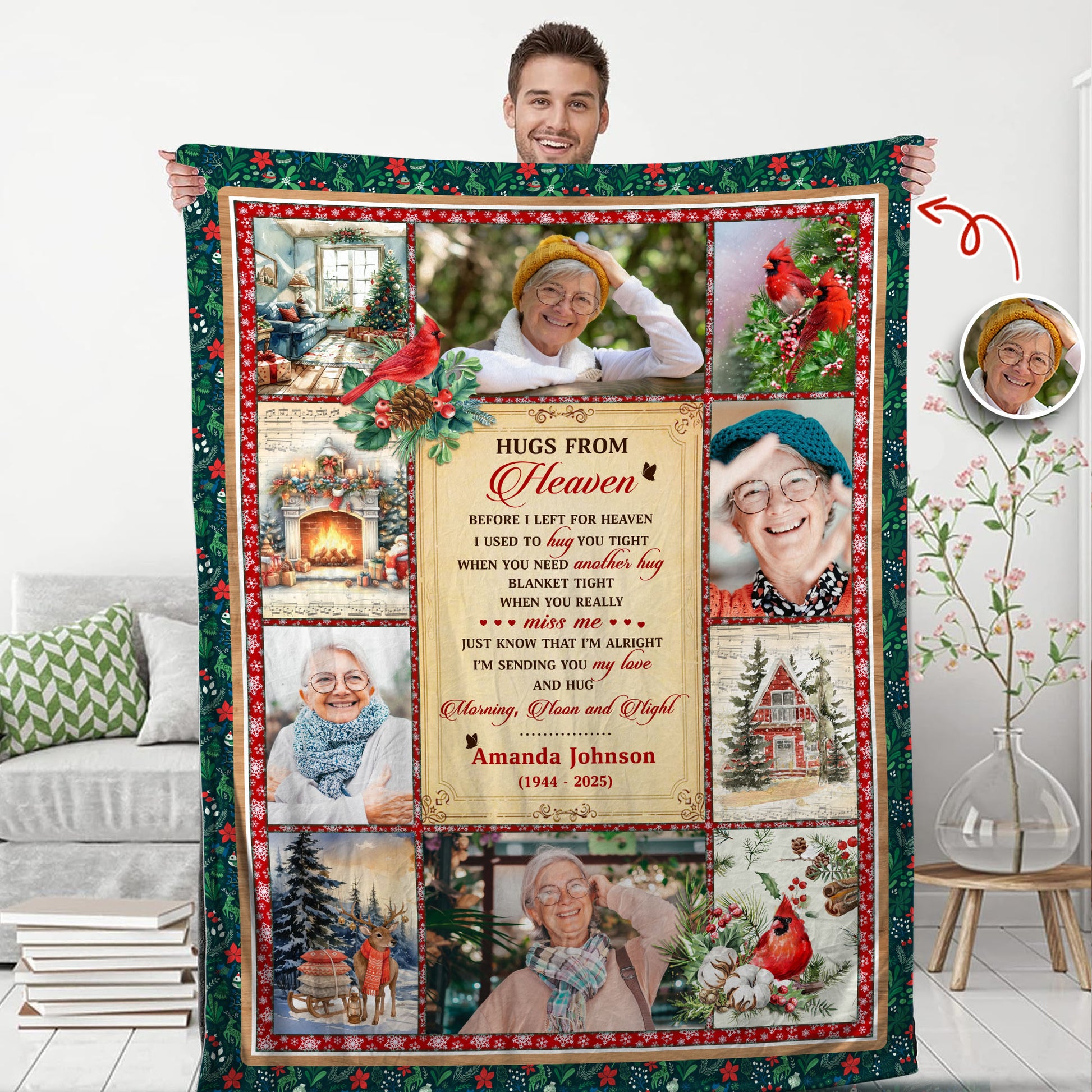 Hugs From Heaven Cardinals Memorial Blanket - Personalized sympathy gift with vibrant red birds and festive Christmas vibe.