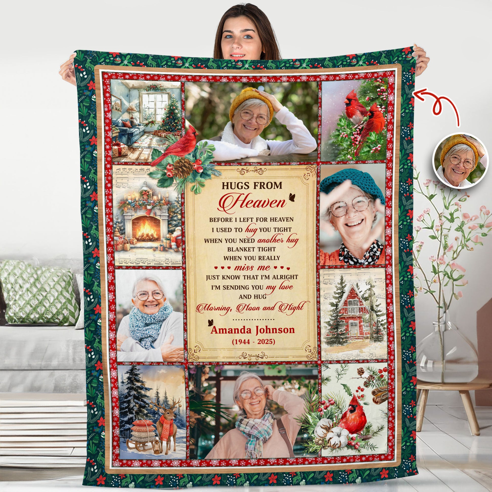 Hugs From Heaven Cardinals Memorial Blanket - Personalized sympathy gift with vibrant red birds and festive Christmas vibe.