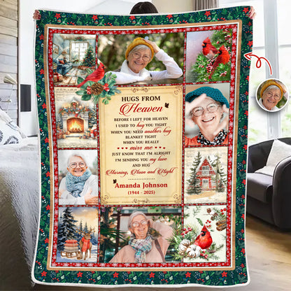 Hugs From Heaven Cardinals Memorial Blanket - Personalized sympathy gift with vibrant red birds and festive Christmas vibe.