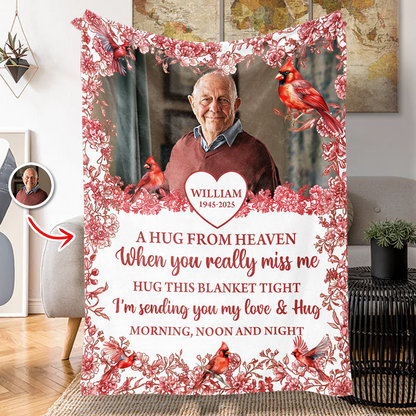 Hugs From Heaven memorial blanket with blooming flowers. A personalized sympathy gift.