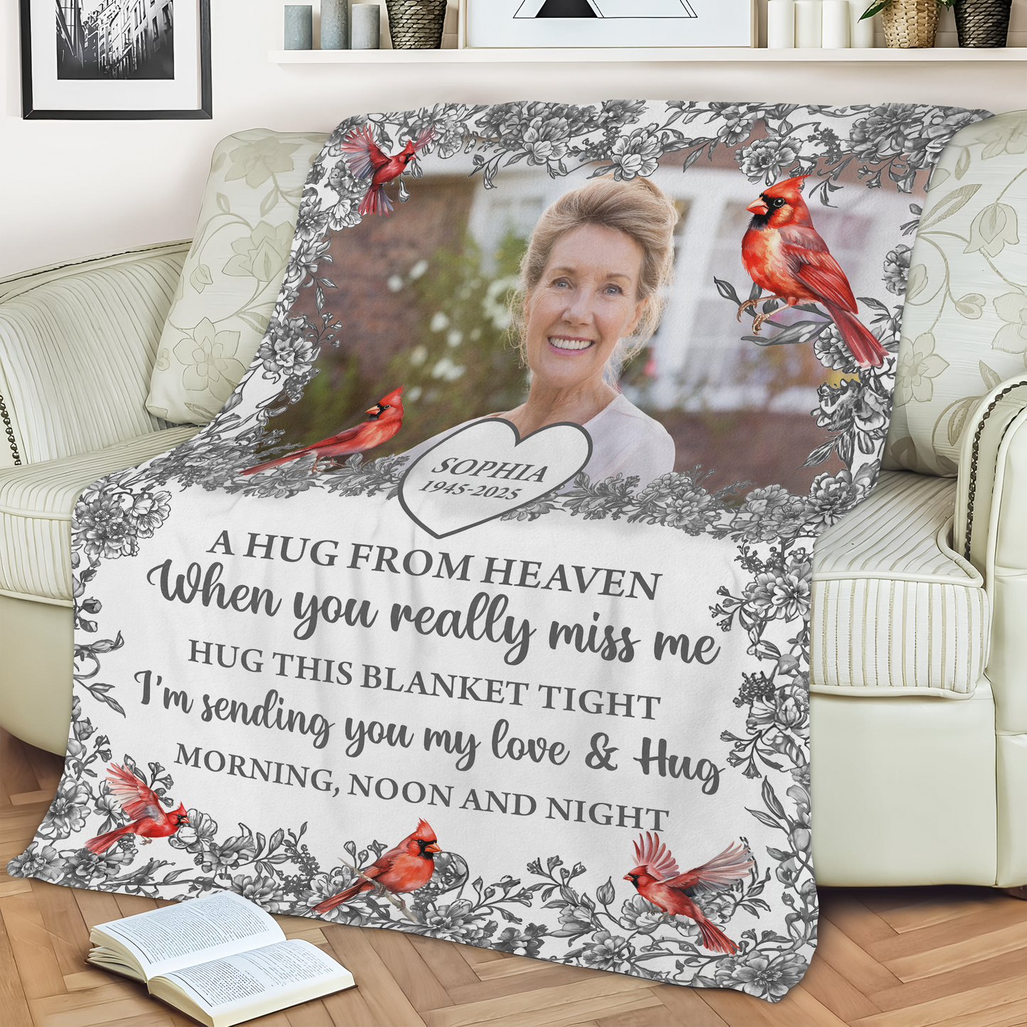 Hugs From Heaven memorial blanket with blooming flowers. A personalized sympathy gift.