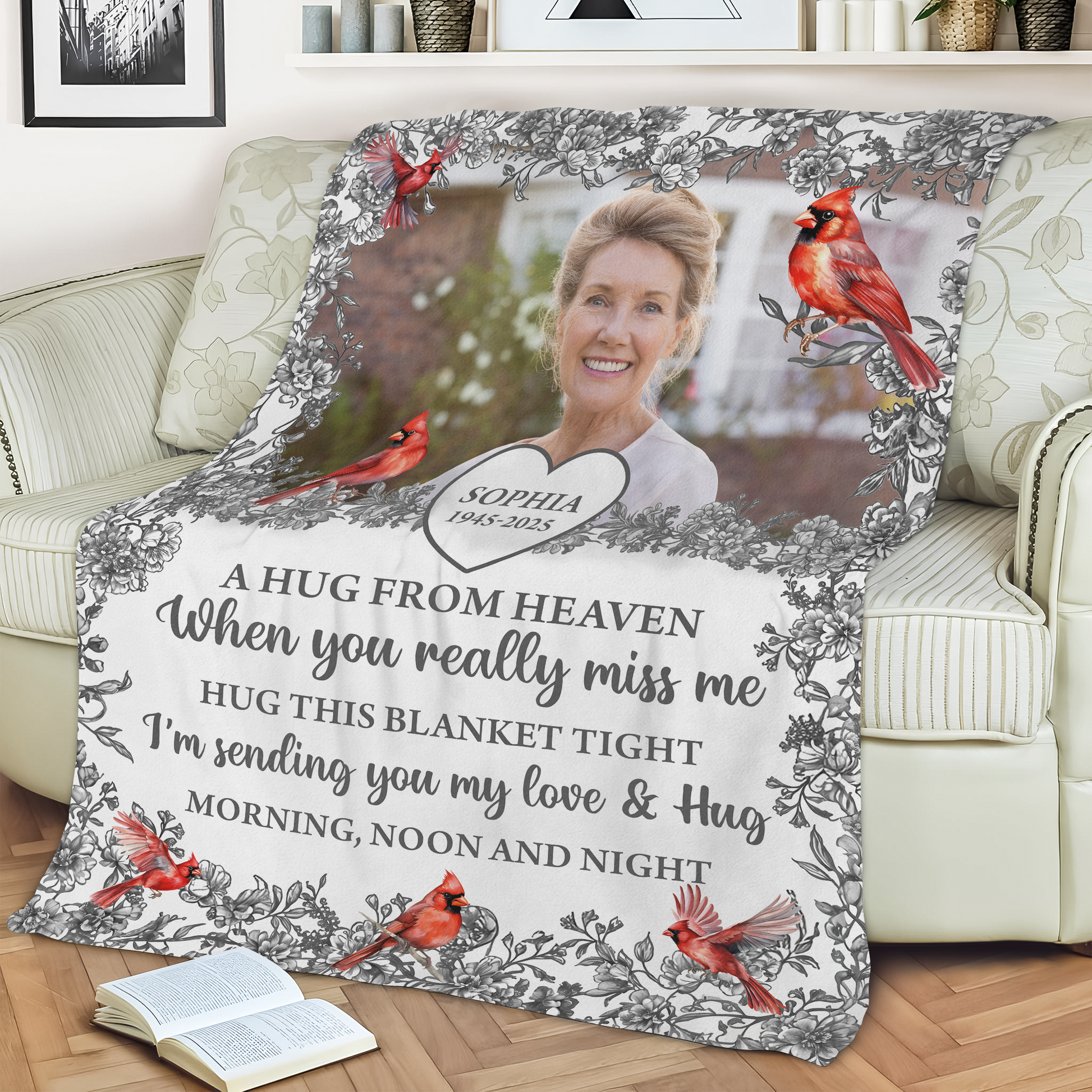 Hugs From Heaven memorial blanket with blooming flowers. A personalized sympathy gift.