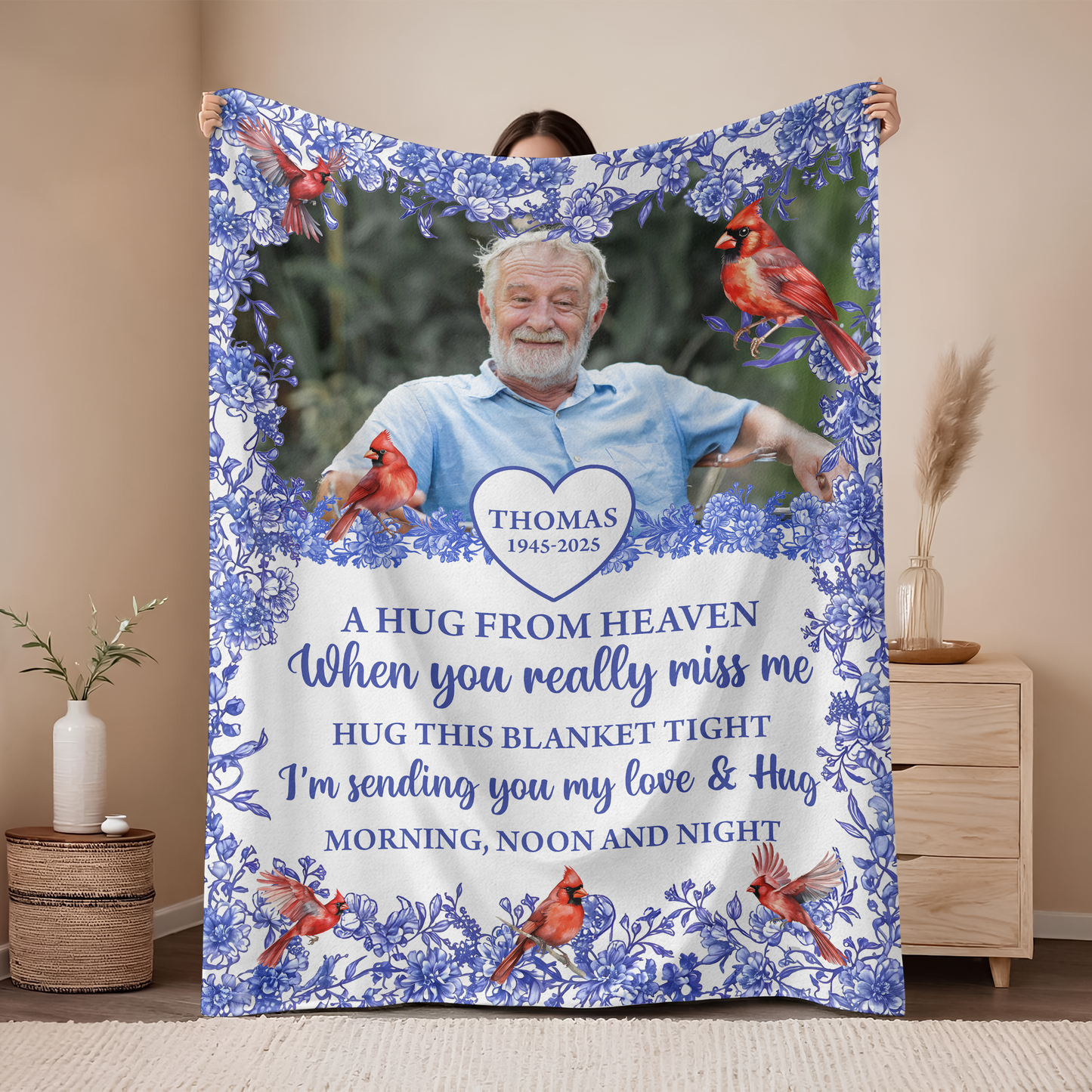 Hugs From Heaven memorial blanket with blooming flowers. A personalized sympathy gift.
