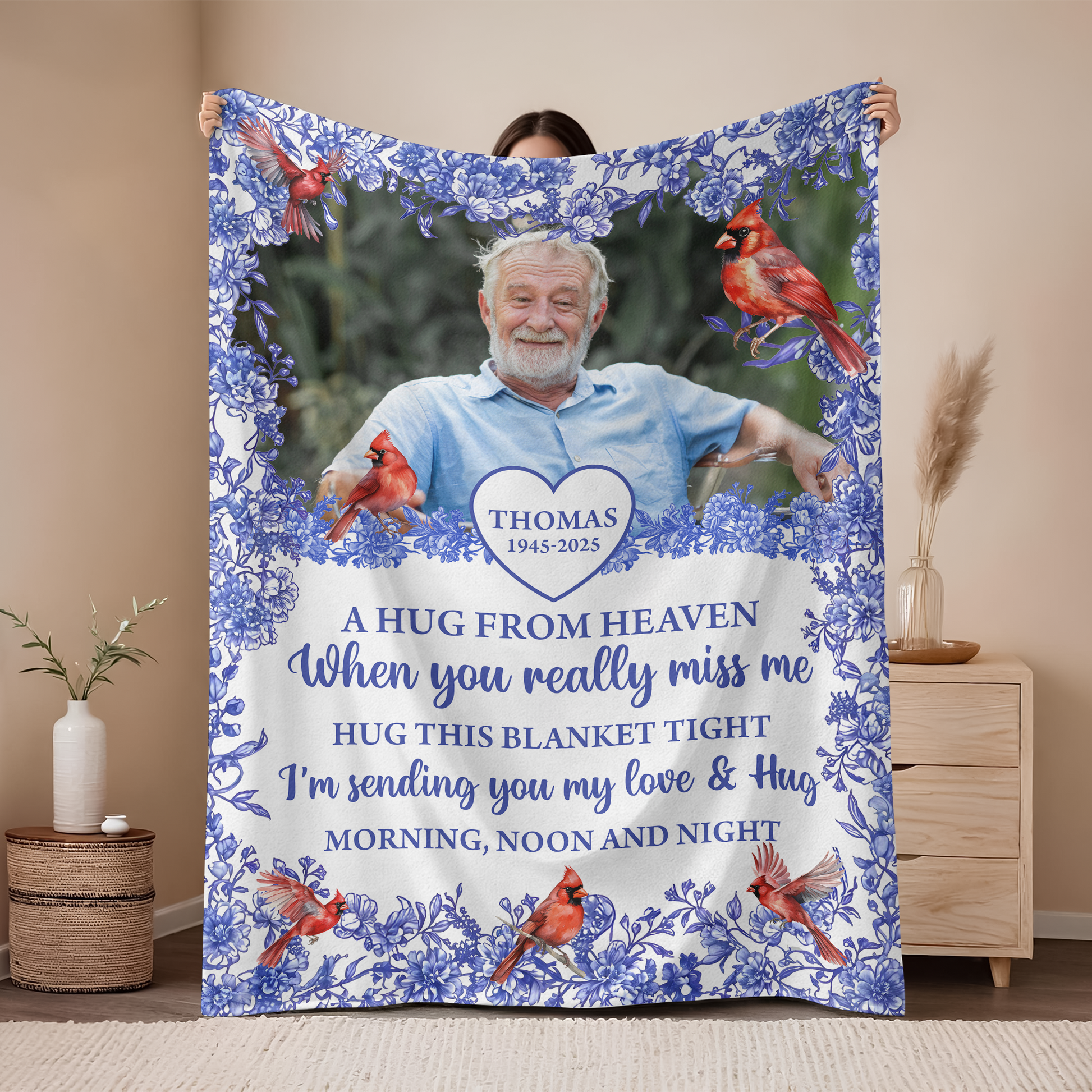 Hugs From Heaven memorial blanket with blooming flowers. A personalized sympathy gift.