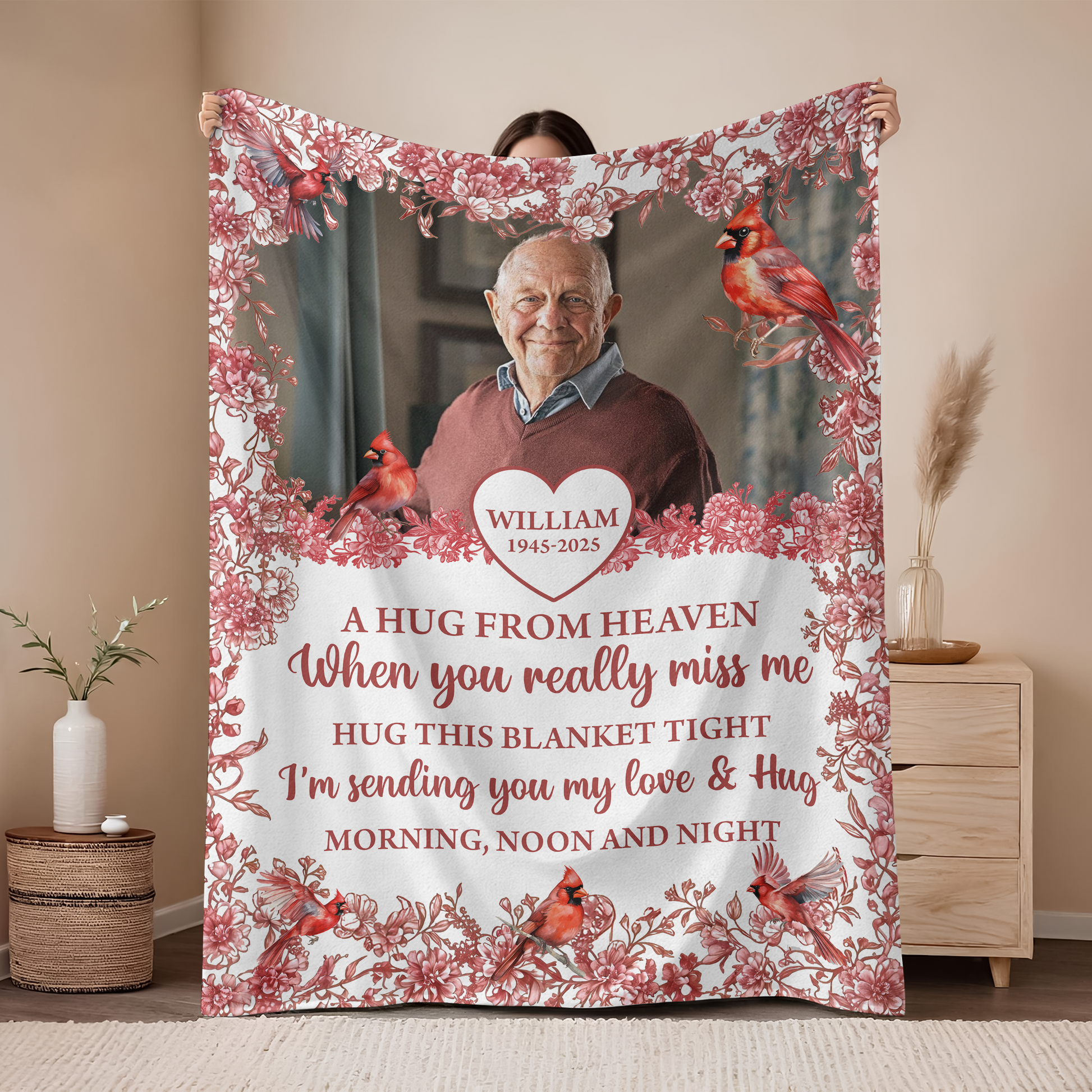 Hugs From Heaven memorial blanket with blooming flowers. A personalized sympathy gift.
