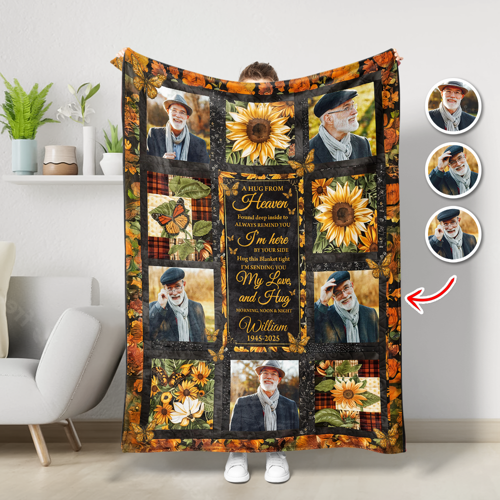 Hugs From Heaven sunflower memorial blanket, personalized with name and dates, a thoughtful sympathy gift.