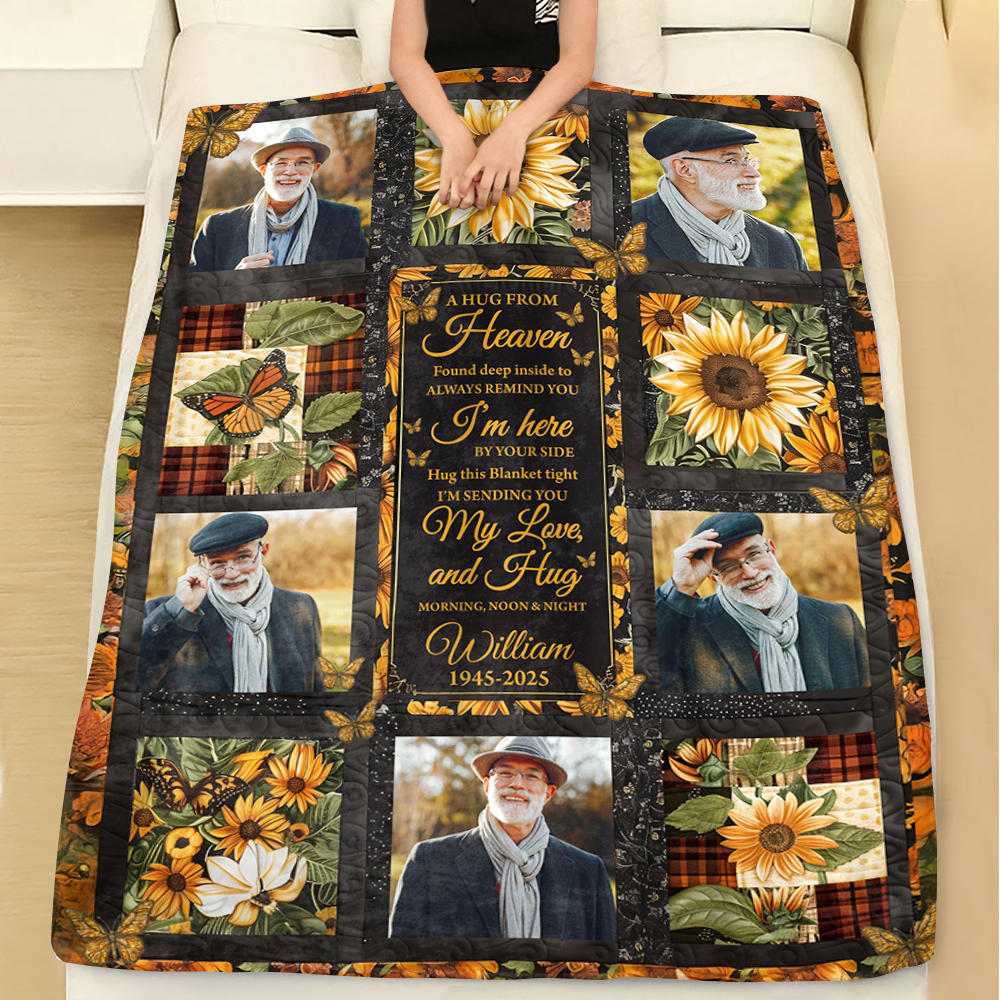 Hugs From Heaven sunflower memorial blanket, personalized with name and dates, a thoughtful sympathy gift.