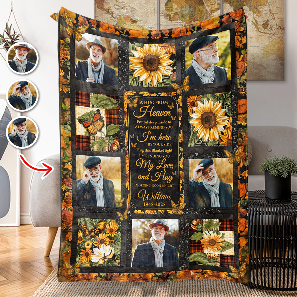 Hugs From Heaven sunflower memorial blanket, personalized with name and dates, a thoughtful sympathy gift.
