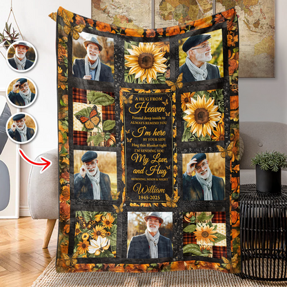 Hugs From Heaven sunflower memorial blanket, personalized with name and dates, a thoughtful sympathy gift.